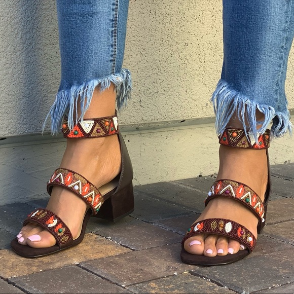 Hand Beaded Multicolor Boho Block Heel Sandal - Picture 4 of 7